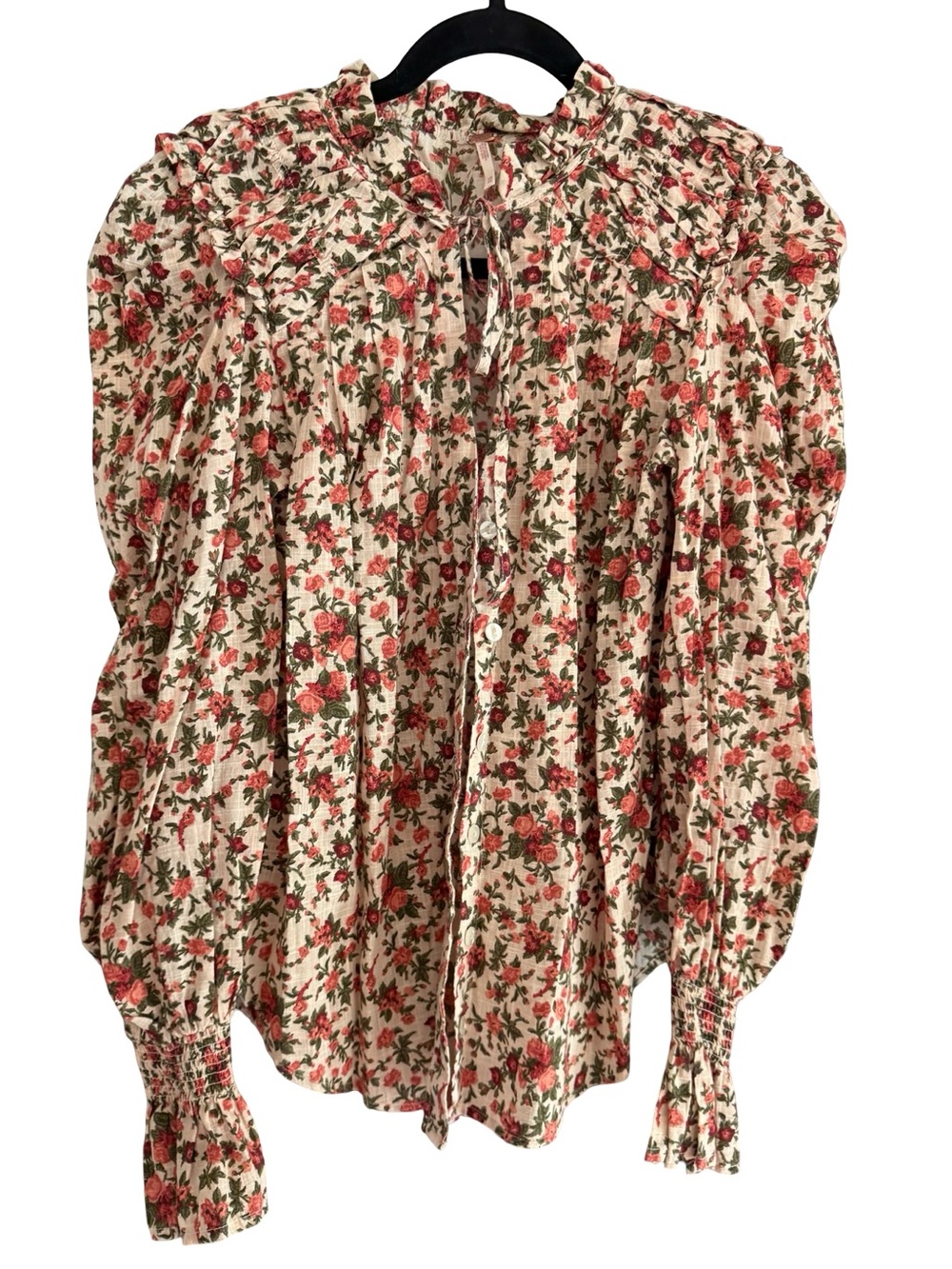 Free People Floral Button-Front Boho Blouse Tie Neck Cottagecore XS
